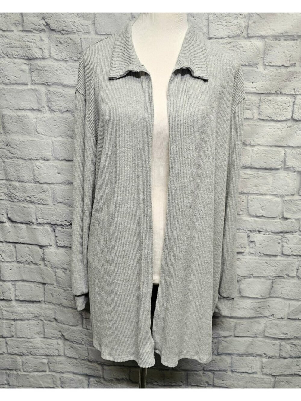 FASHION NOVA M GRAY OPEN FRONT COLLARED RIBBED SLIT RELAXED LAYERING SOFT TOP